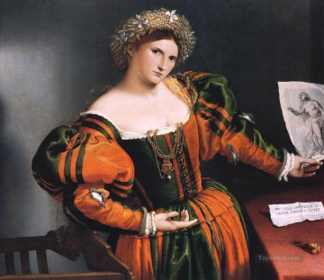 Lorenzo Lotto Painting - Portrait of a lady with a picture of the suicide of Lucretia Renaissance Lorenzo Lotto